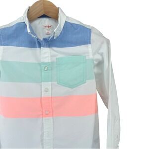 Cat & Jack Boys M 8/10 Long Sleeve Button Down Shirt White Blue Pink Striped